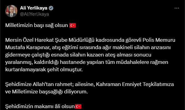 Mersin Özel Harekat Şubesi’nde Atış Eğitiminde Yaşanan Kaza Sonucu Şehit Polis Memuru Mustafa Karapınar